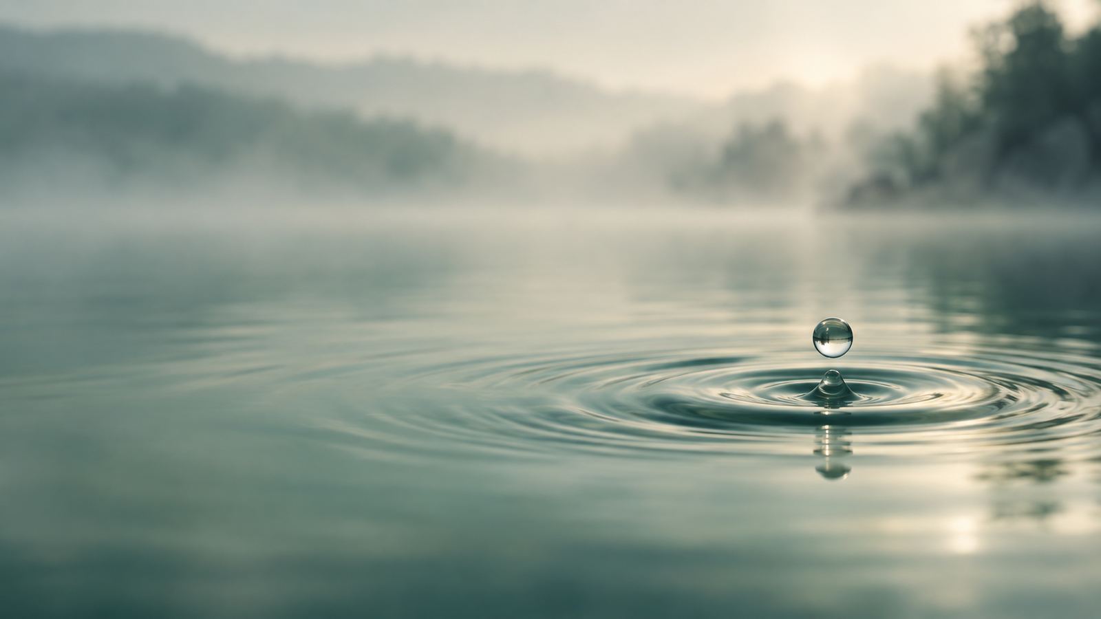 A single drop of water falling onto a calm, misty lake, sending out ripples