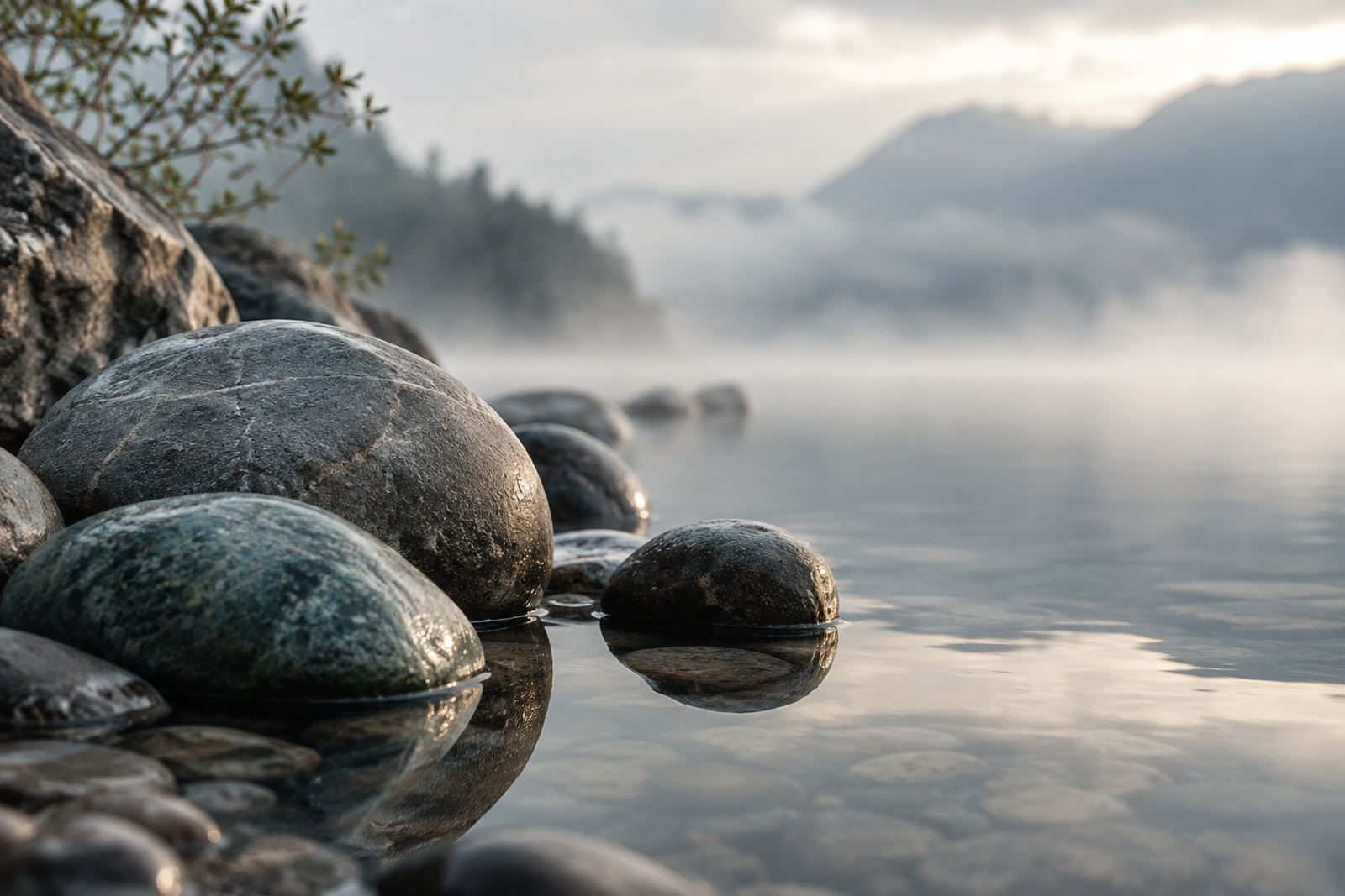 Smooth stones at the edge of a still, misty lake